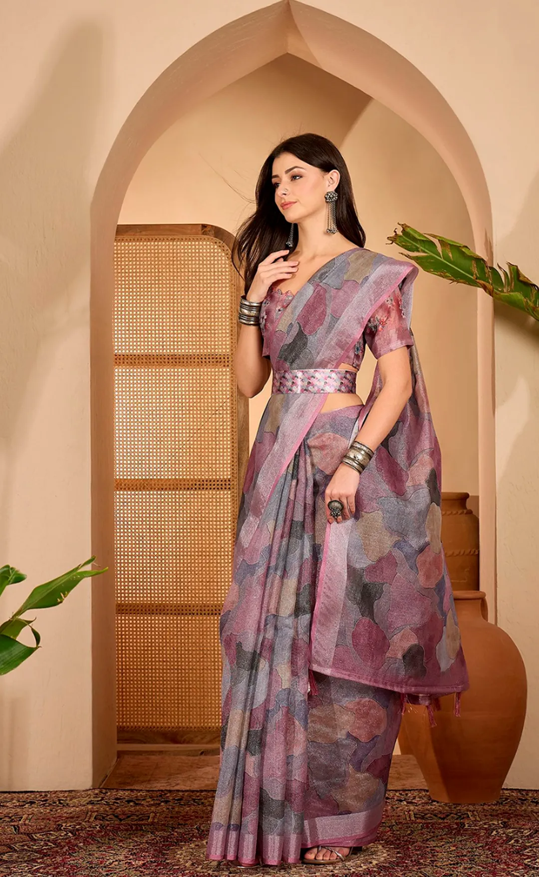 Mauve Floral Print Linen Cotton Saree with Blouse | VARNAVI