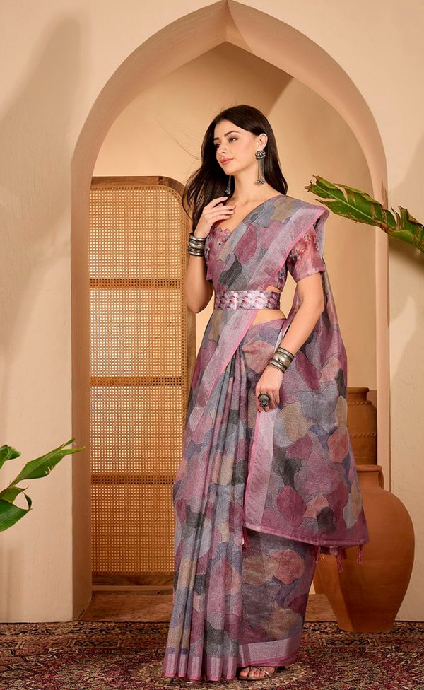 Mauve Floral Print Linen Cotton Saree with Blouse | VARNAVI