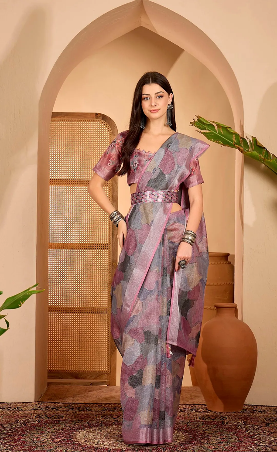 Mauve Floral Print Linen Cotton Saree with Blouse | VARNAVI