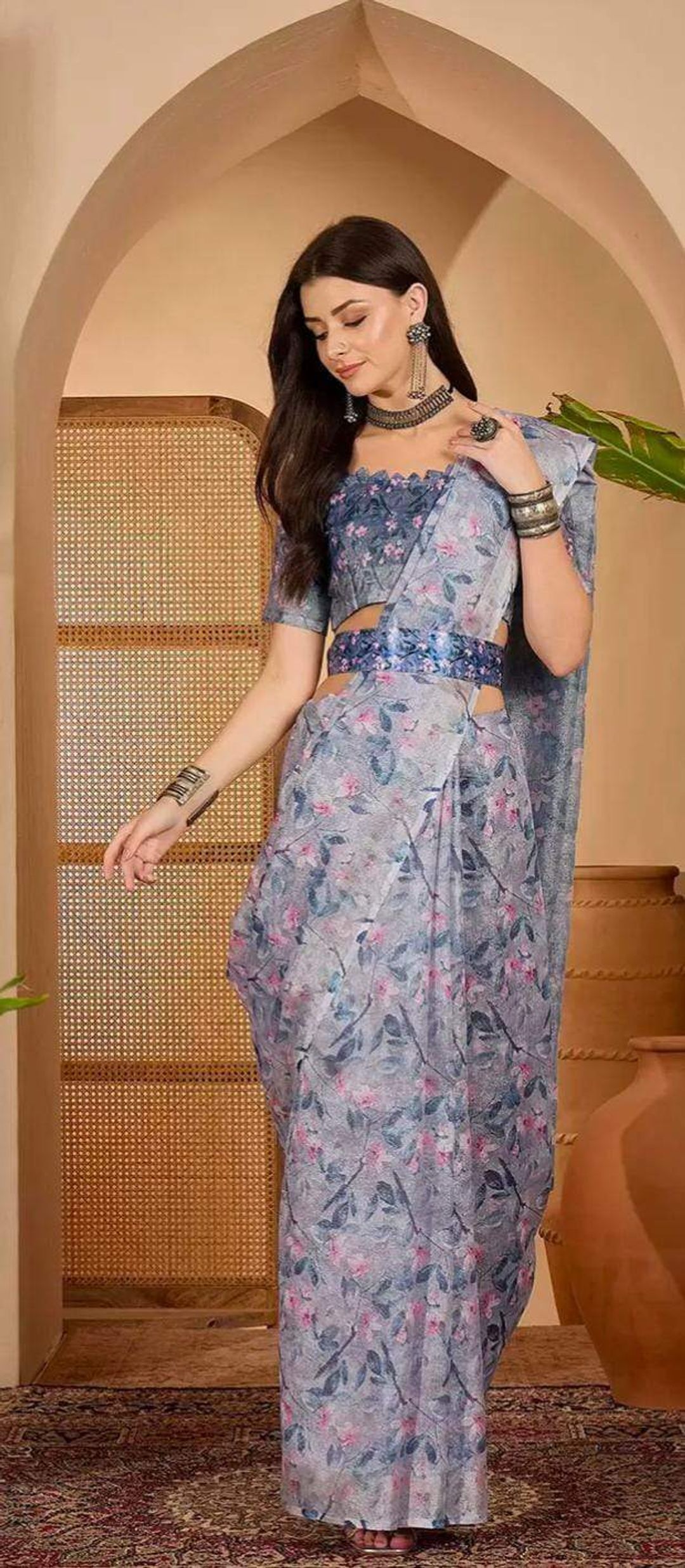 Blue Floral Print Linen Cotton Saree with Blouse | VARNAVi