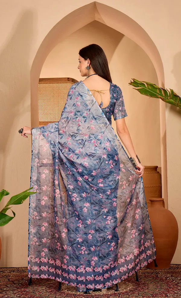 Blue Floral Print Linen Cotton Saree with Blouse | VARNAVi