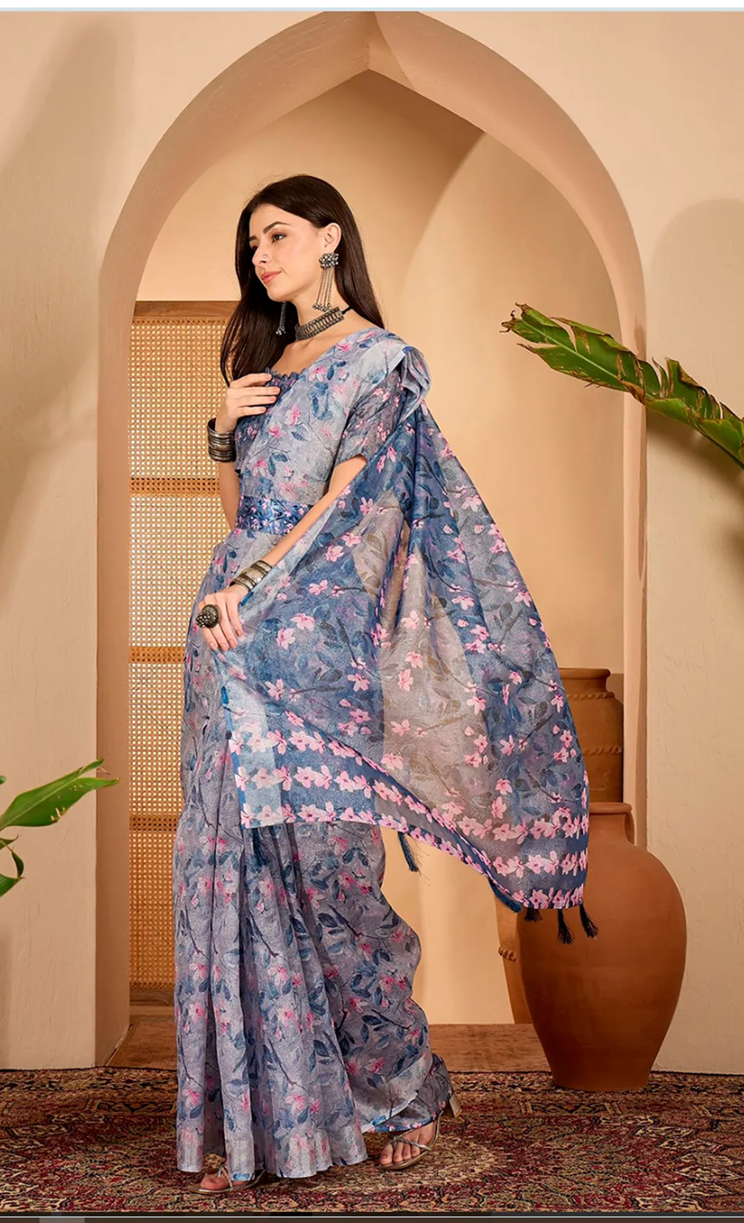 Blue Floral Print Linen Cotton Saree with Blouse | VARNAVi