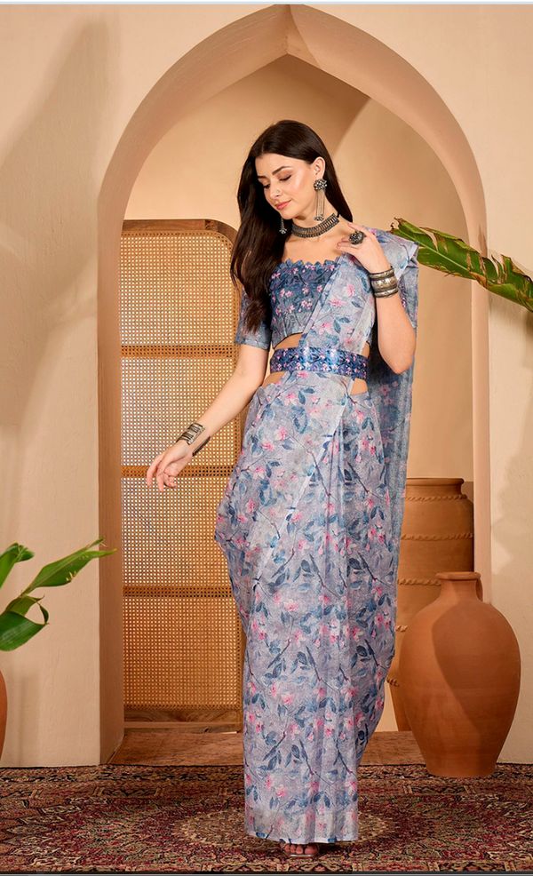 Blue Floral Print Linen Cotton Saree with Blouse | VARNAVi