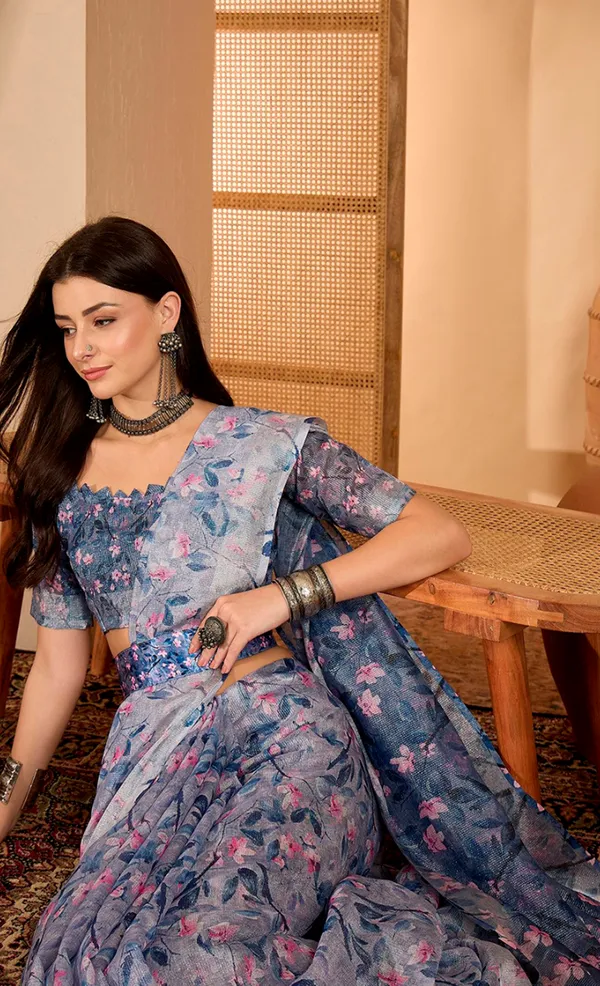 Blue Floral Print Linen Cotton Saree with Blouse | VARNAVi