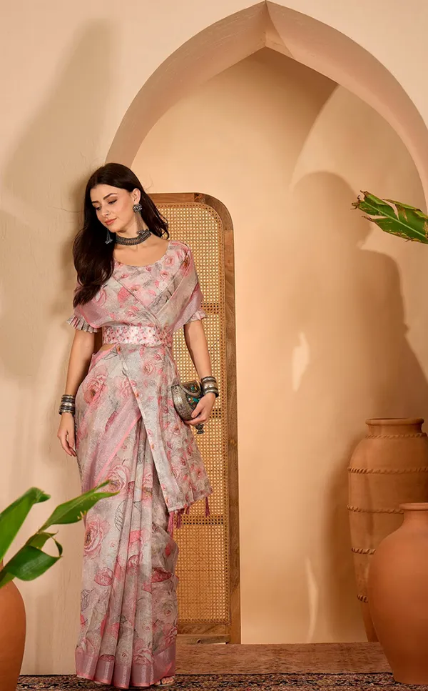 Pink Floral Print Linen Cotton Saree with Blouse | VARNAVI