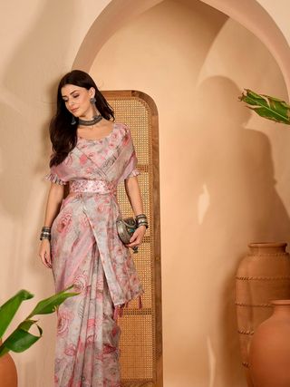 Pink Floral Print Linen Cotton Saree with Blouse | VARNAVI