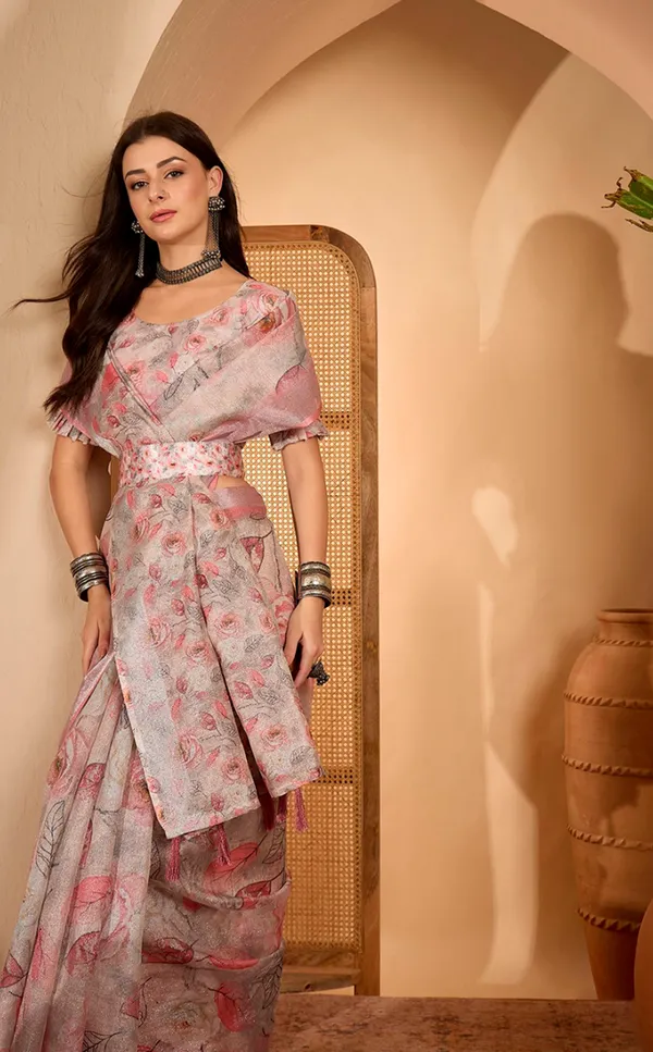 Pink Floral Print Linen Cotton Saree with Blouse | VARNAVI