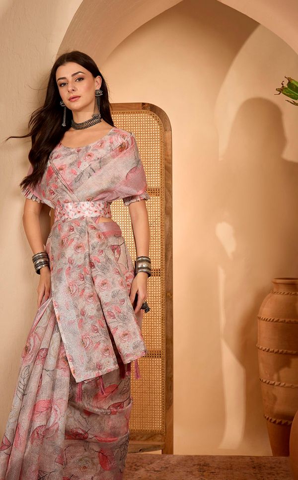 Pink Floral Print Linen Cotton Saree with Blouse | VARNAVI