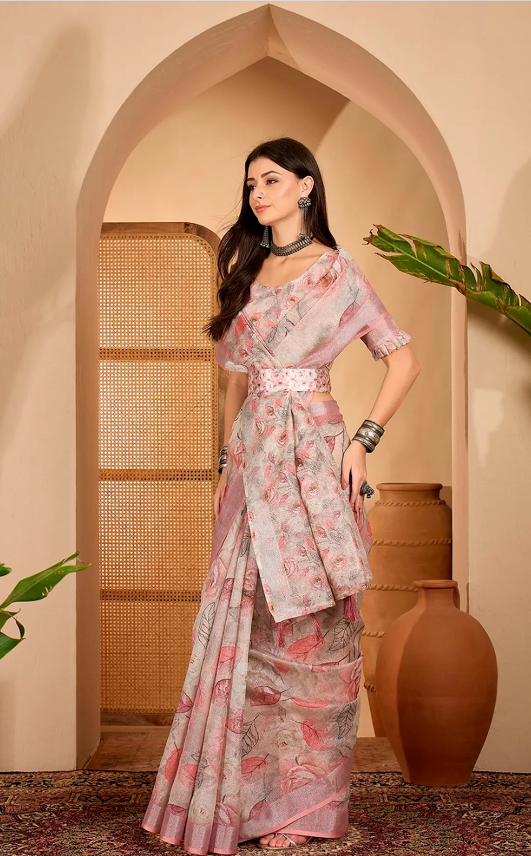 Pink Floral Print Linen Cotton Saree with Blouse | VARNAVI