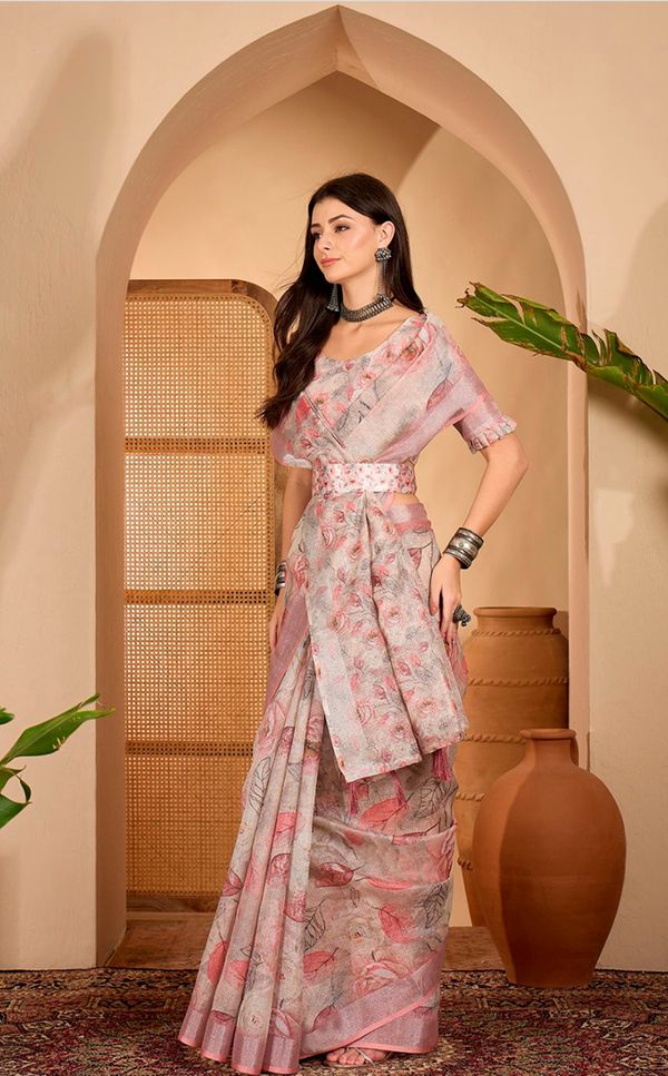 Pink Floral Print Linen Cotton Saree with Blouse | VARNAVI