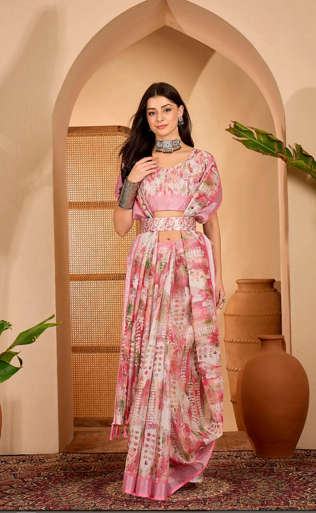 Pink Floral Print Linen Cotton Saree with Blouse | VARNAVI™