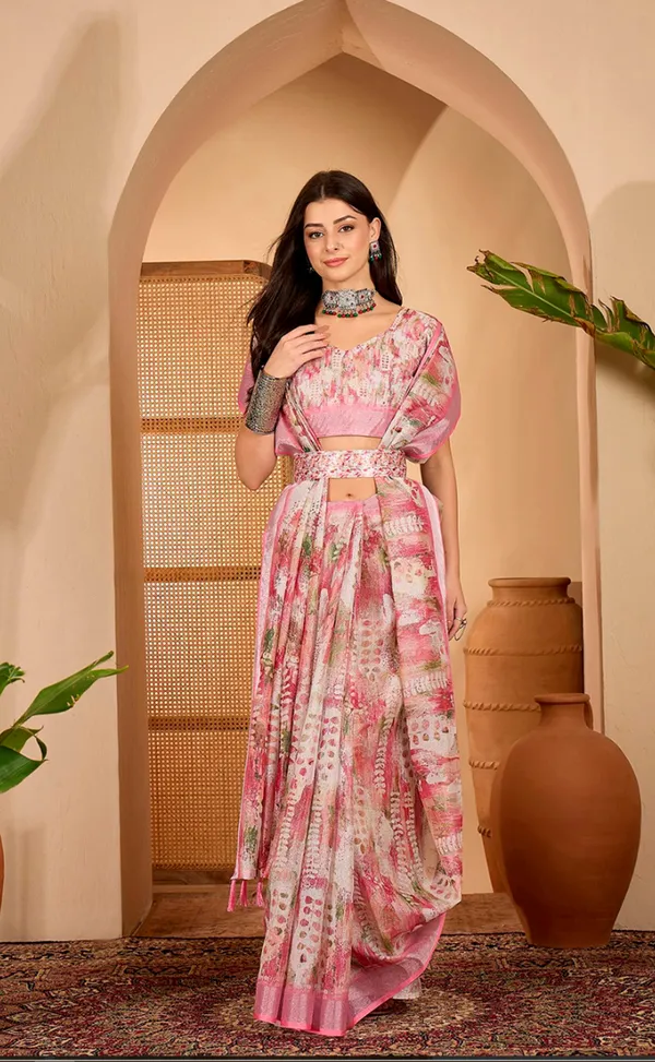 Pink Floral Print Linen Cotton Saree with Blouse | VARNAVI™