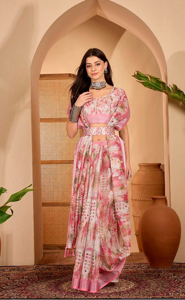 Pink Floral Print Linen Cotton Saree with Blouse | VARNAVI™