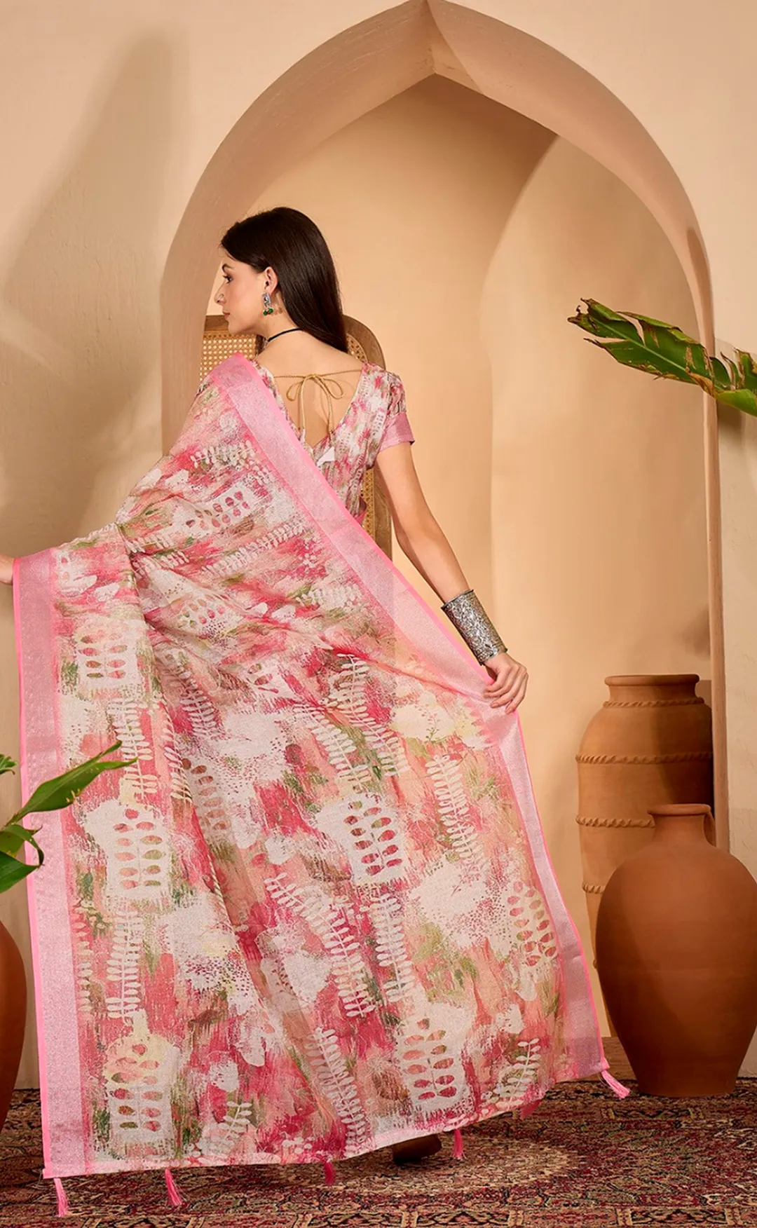 Pink Floral Print Linen Cotton Saree with Blouse | VARNAVI™