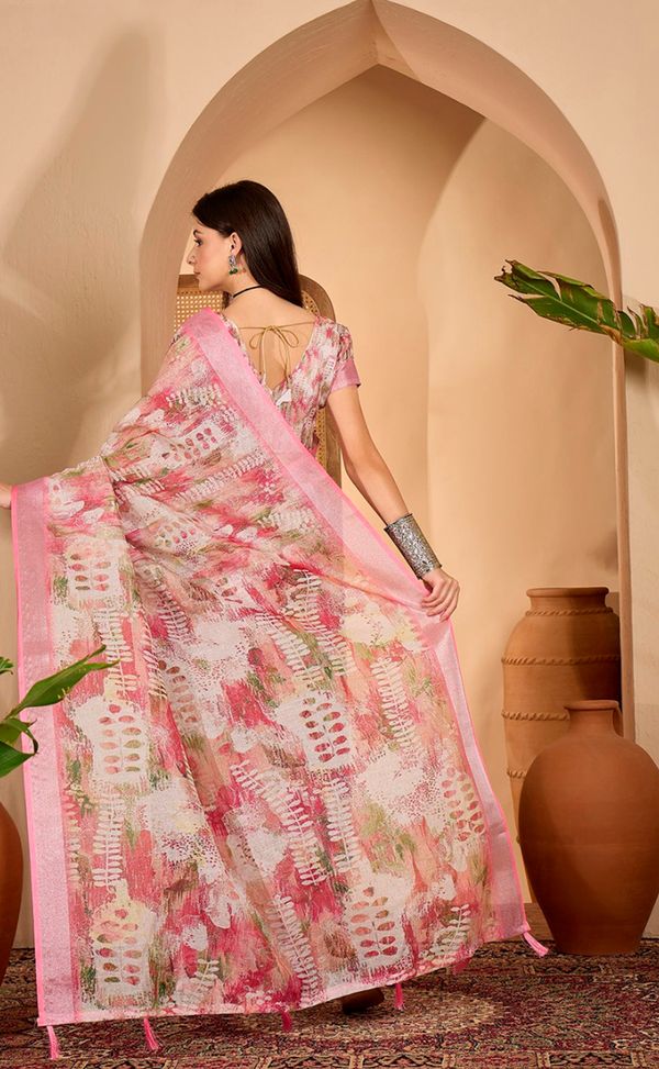 Pink Floral Print Linen Cotton Saree with Blouse | VARNAVI™
