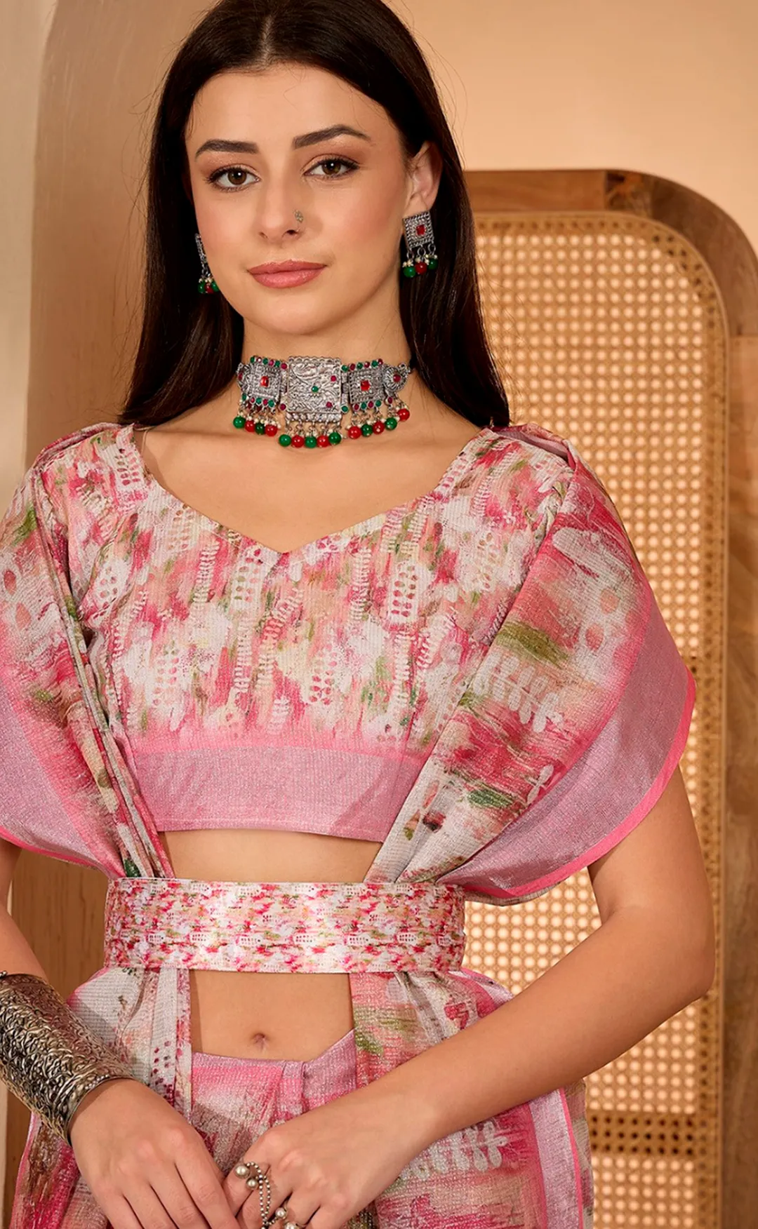 Pink Floral Print Linen Cotton Saree with Blouse | VARNAVI™