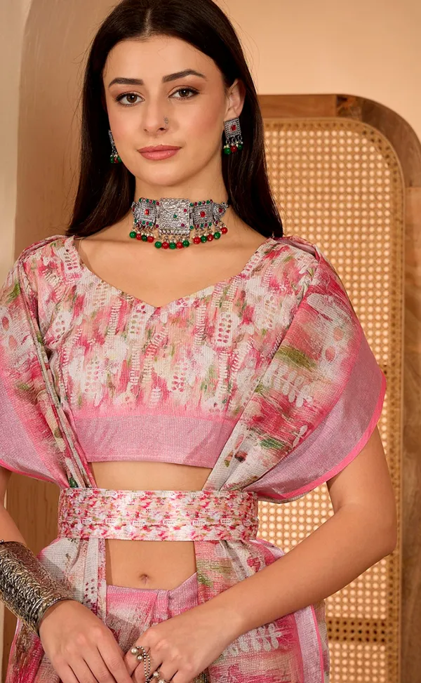 Pink Floral Print Linen Cotton Saree with Blouse | VARNAVI™
