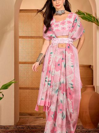 Pink Floral Print Linen Cotton Saree with Blouse | VARNAVI