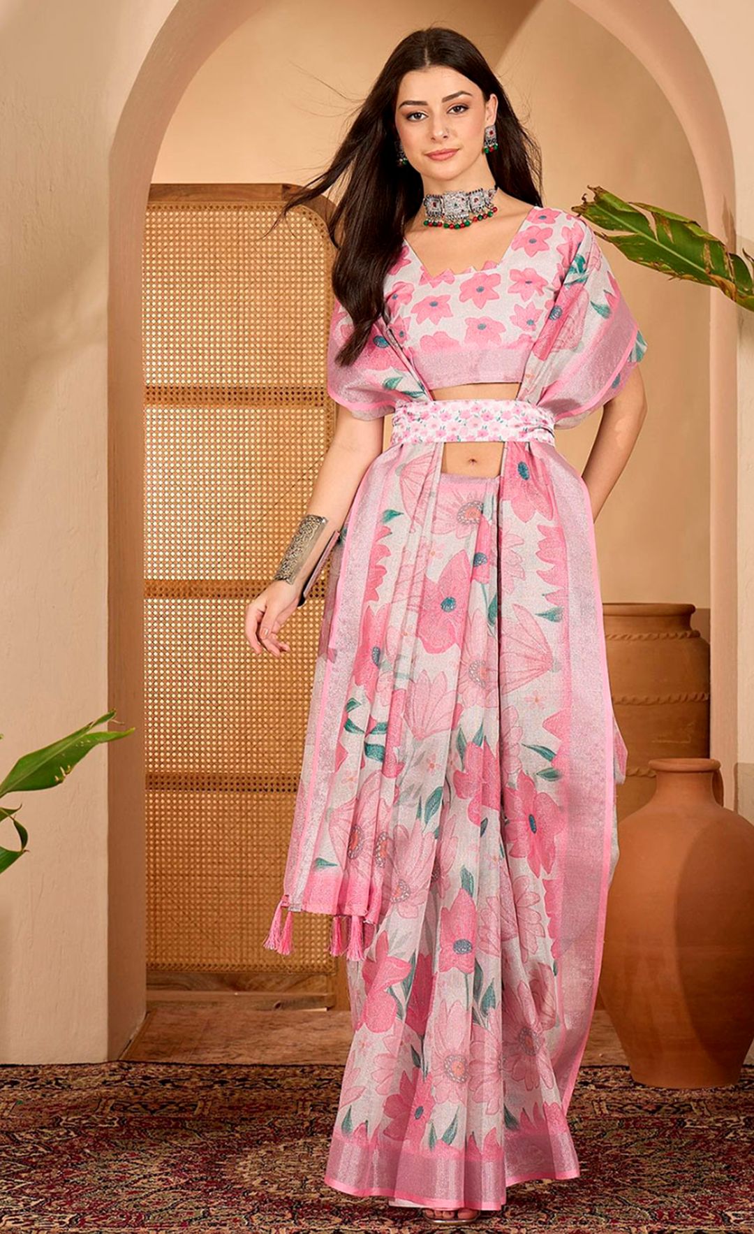 Pink Floral Print Linen Cotton Saree with Blouse | VARNAVI