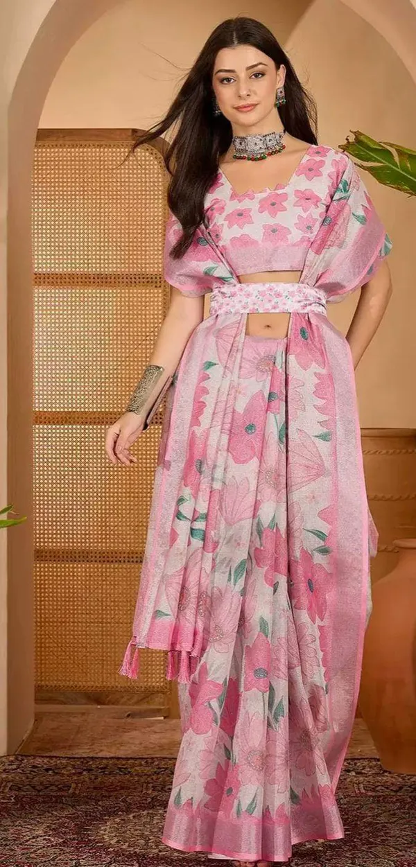 Pink Floral Print Linen Cotton Saree with Blouse | VARNAVI