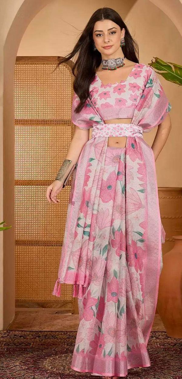 Pink Floral Print Linen Cotton Saree with Blouse | VARNAVI
