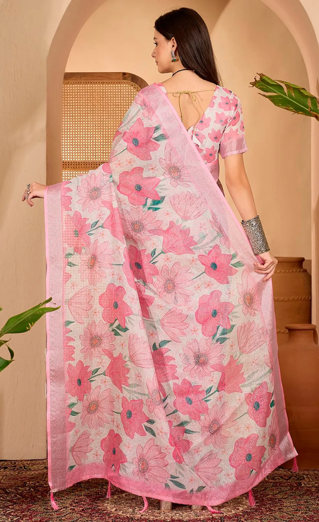 Pink Floral Print Linen Cotton Saree with Blouse | VARNAVI