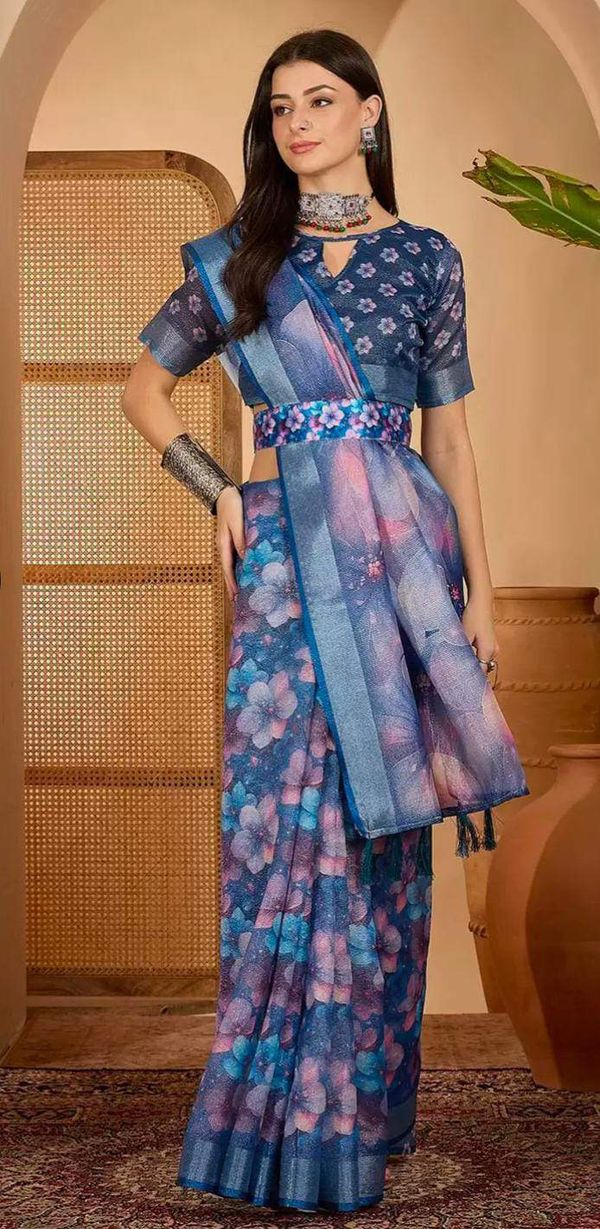 Blue Floral Print Linen Cotton Saree with Blouse | VARNAVI™