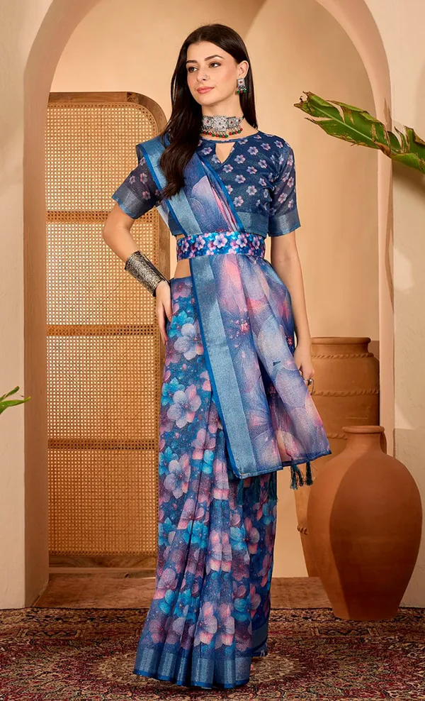 Blue Floral Print Linen Cotton Saree with Blouse | VARNAVI™