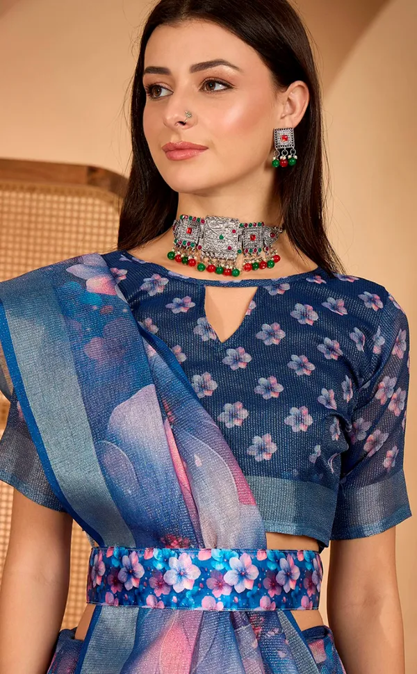 Blue Floral Print Linen Cotton Saree with Blouse | VARNAVI™