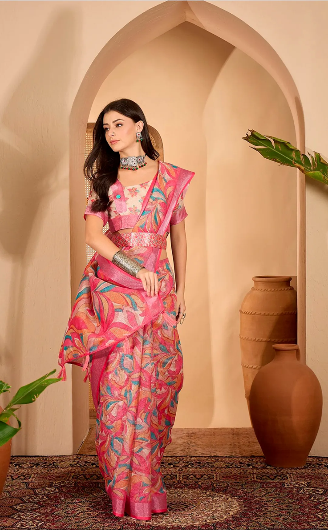 Pink Multicolor Floral Print Linen Cotton Saree | VARNAVI ™