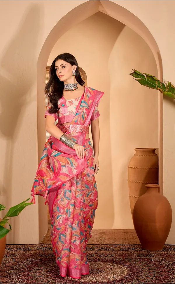 Pink Multicolor Floral Print Linen Cotton Saree | VARNAVI ™