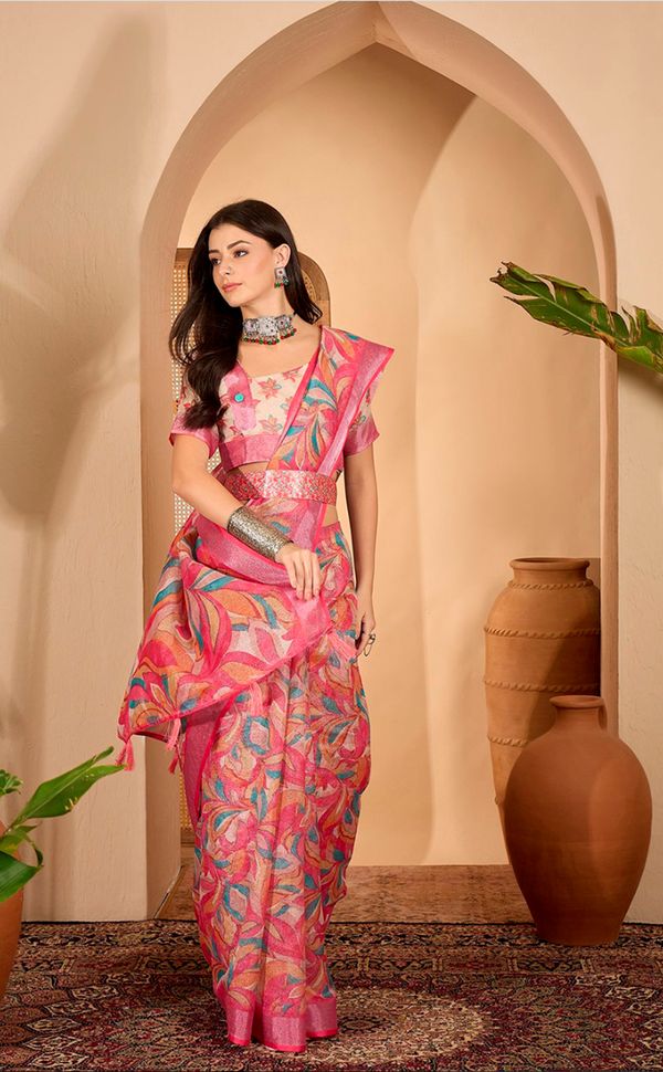 Pink Multicolor Floral Print Linen Cotton Saree | VARNAVI ™