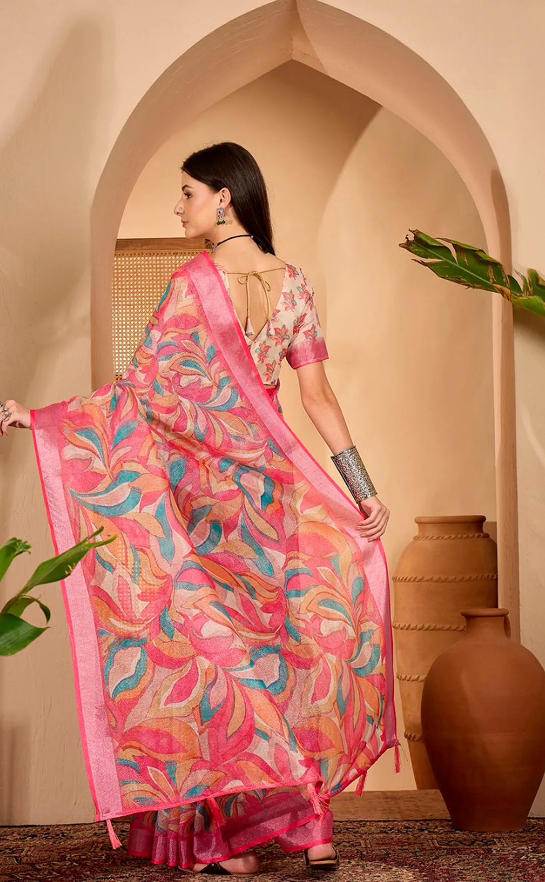 Pink Multicolor Floral Print Linen Cotton Saree | VARNAVI ™