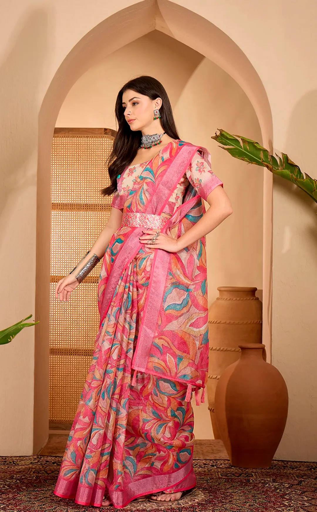 Pink Multicolor Floral Print Linen Cotton Saree | VARNAVI ™
