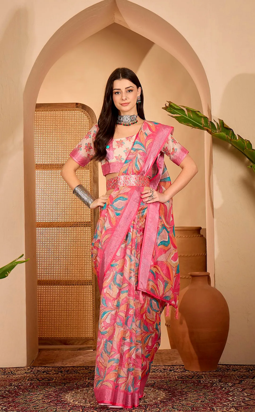 Pink Multicolor Floral Print Linen Cotton Saree | VARNAVI ™