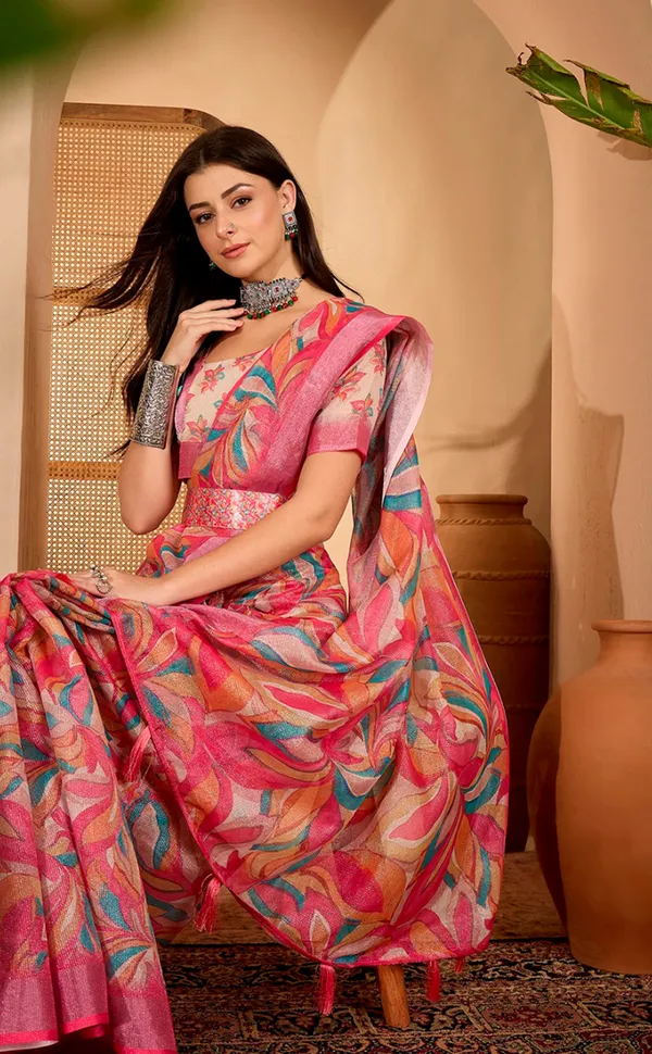 Pink Multicolor Floral Print Linen Cotton Saree | VARNAVI ™