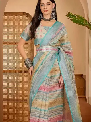 Multicolor Floral Linen Cotton Saree with Blouse | VARNAVI