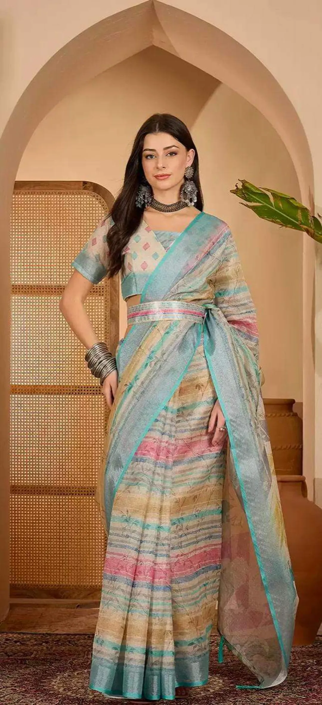 Multicolor Floral Linen Cotton Saree with Blouse | VARNAVI