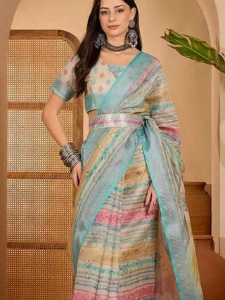 Multicolor Floral Linen Cotton Saree with Blouse | VARNAVI