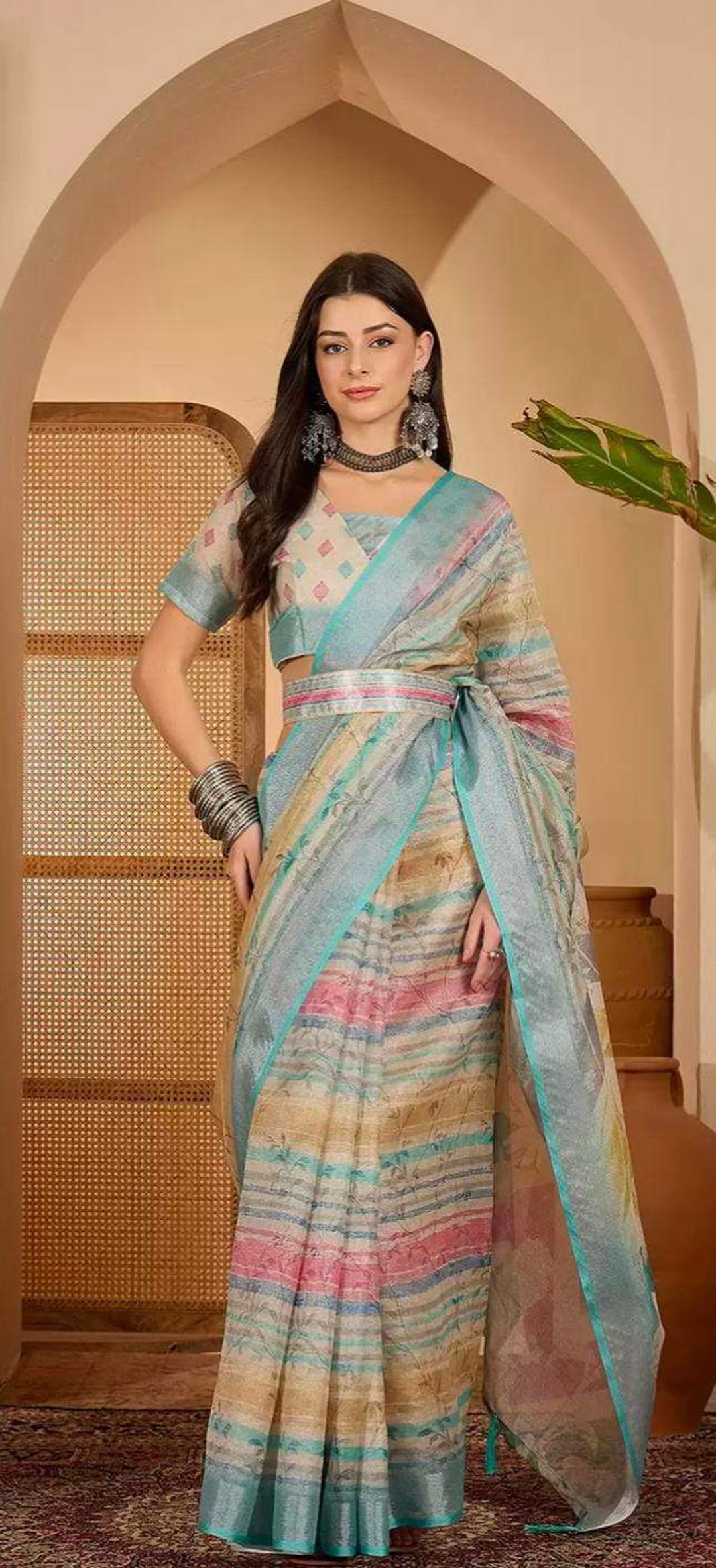Multicolor Floral Linen Cotton Saree with Blouse | VARNAVI
