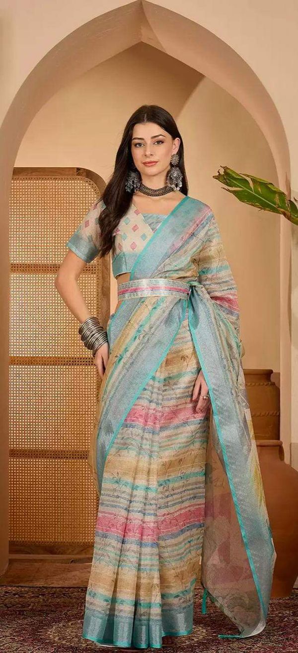 Multicolor Floral Linen Cotton Saree with Blouse | VARNAVI