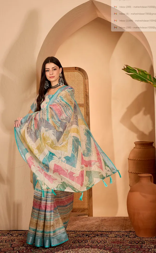 Multicolor Floral Linen Cotton Saree with Blouse | VARNAVI