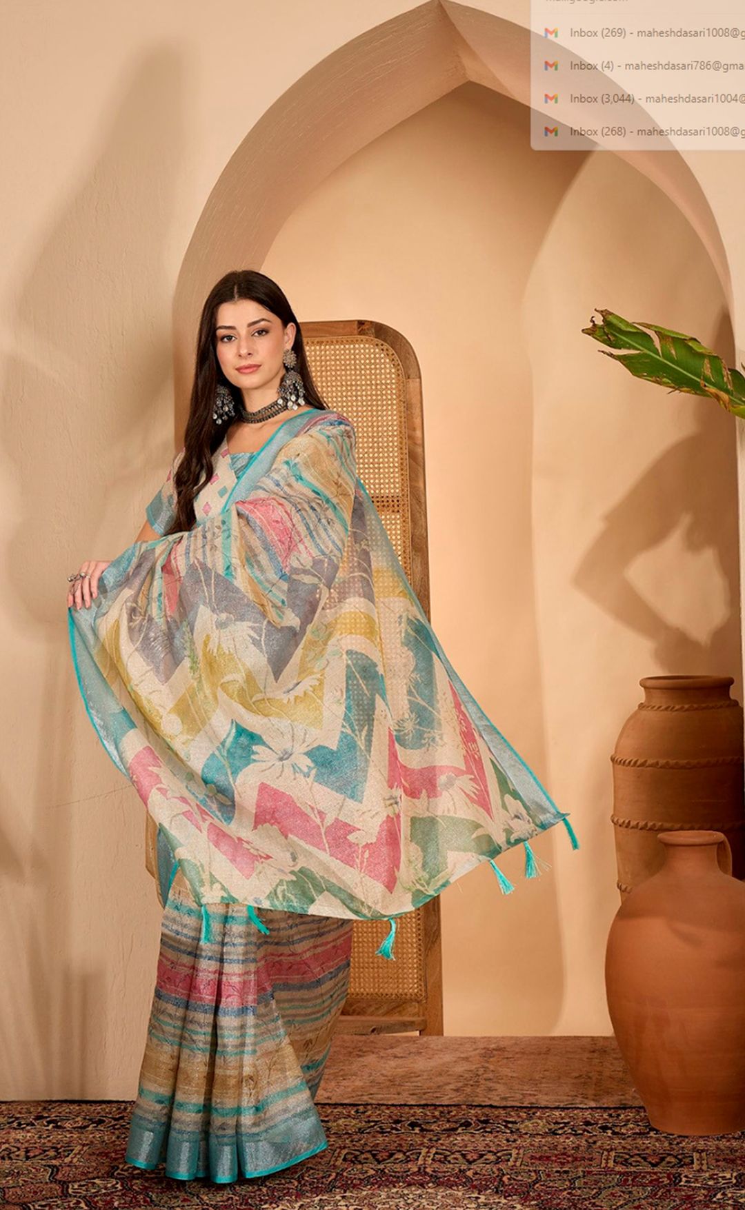 Multicolor Floral Linen Cotton Saree with Blouse | VARNAVI