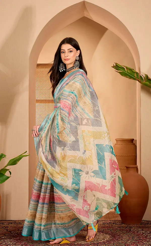 Multicolor Floral Linen Cotton Saree with Blouse | VARNAVI