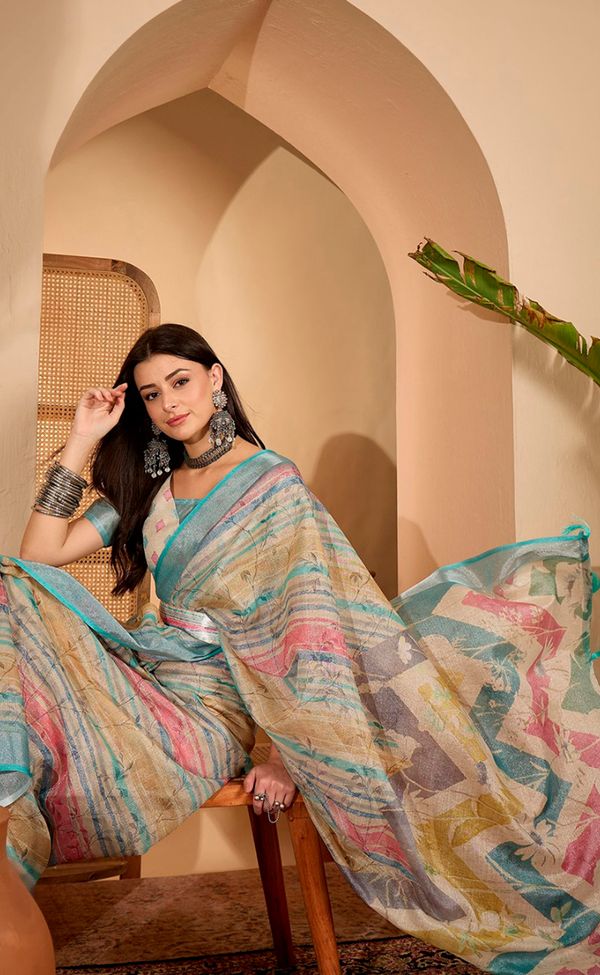 Multicolor Floral Linen Cotton Saree with Blouse | VARNAVI