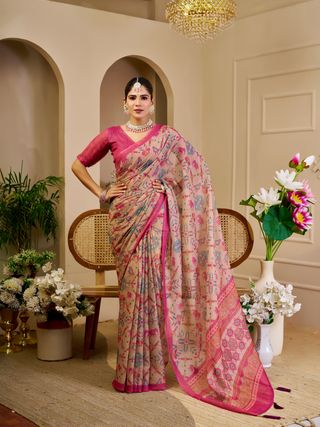 Tissue Handloom Cotton Saree with Zari Weave & Floral Print