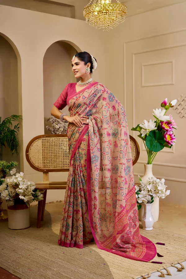 Tissue Handloom Cotton Saree with Zari Weave & Floral Print