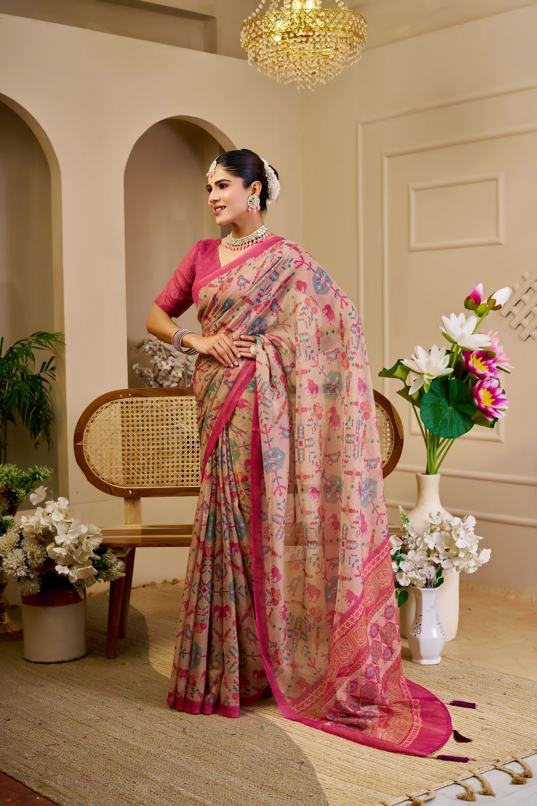 Tissue Handloom Cotton Saree with Zari Weave & Floral Print