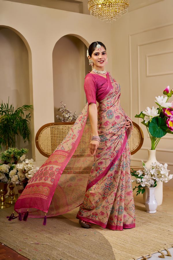Tissue Handloom Cotton Saree with Zari Weave & Floral Print