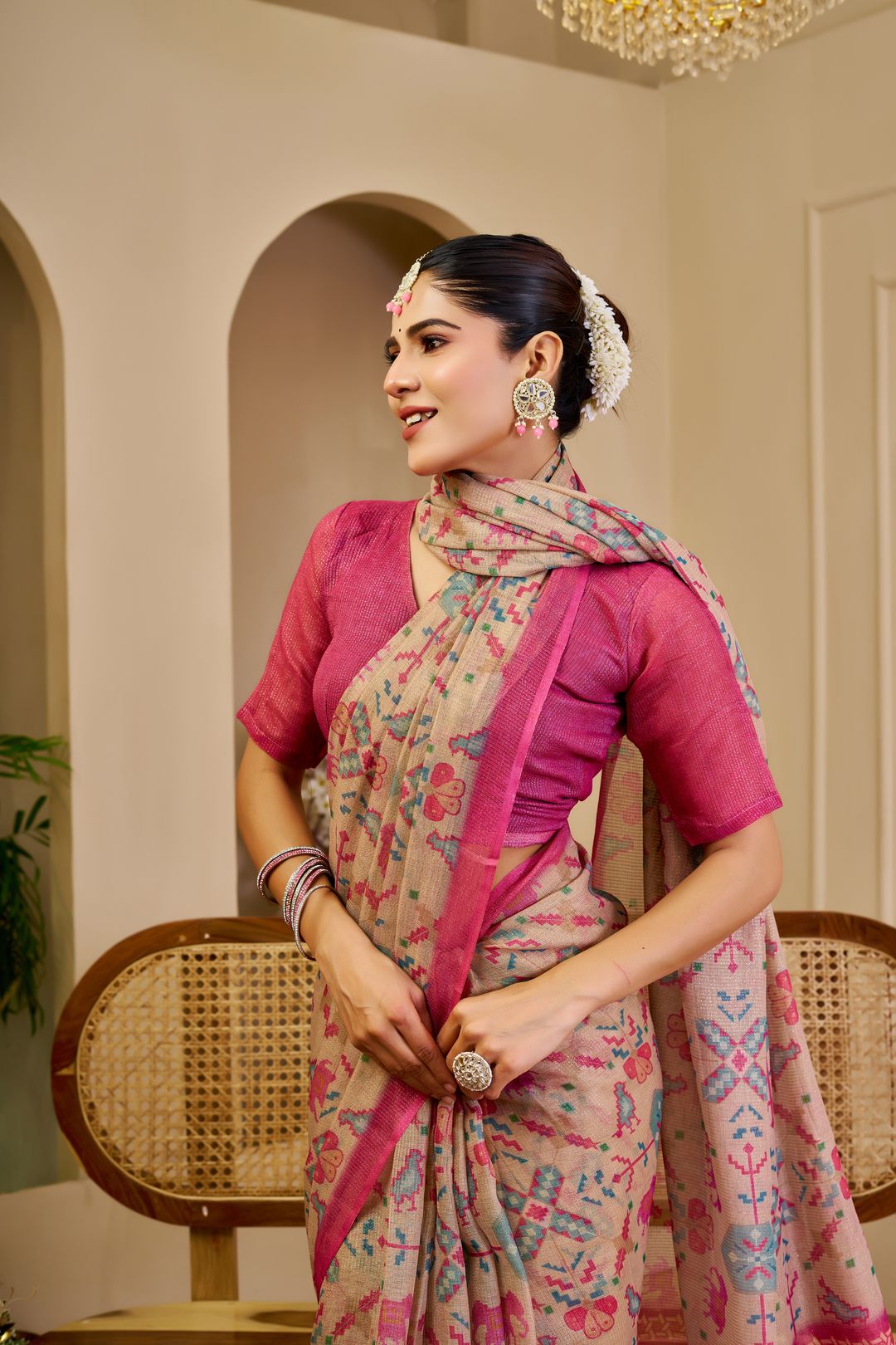 Tissue Handloom Cotton Saree with Zari Weave & Floral Print